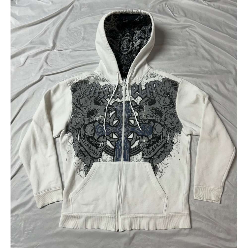 MMA Elite Mens VTG White Zip Up Hoodie Skull Cross Y2K Graphic Sweatshirt Medium